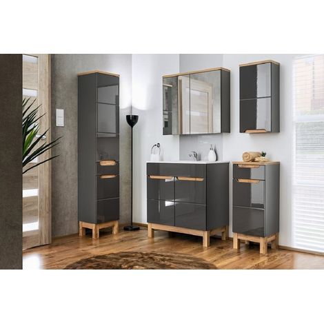 Otitec – Armoire à pharmacie murale avec miroir – Graphite – L60 x H70 x P20 cm – 3 compartiments de rangement – Design élégant - L60-H70-P20 (1/4)