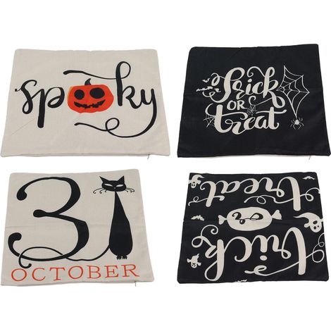 Coussin Halloween 45x45cm Lot de 4 Housses Lin Zip Invisible Citrouille Visage Araignée Chauve-souris Château Décor Canapé Maison (1/5)