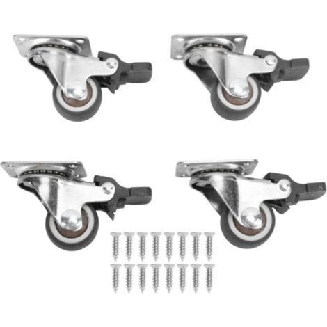 Lot de 4 petites roulettes pivotantes en acier et caoutchouc de 2,5 cm de diamètre, avec frein et 16 vis, pour meubles (1/5)