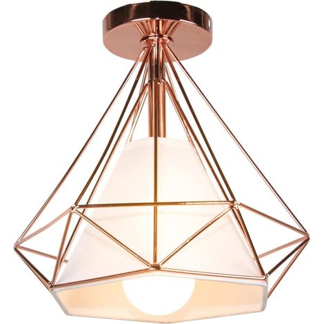 Deckenleuchte Industrielle Retro Deckenlampe aus Eisen Lampenschirm in Diamant Käfig E27 25cm für Flur Küche Wohnzimmer Schlafzimmer (Roségold)