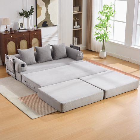Sofá modular 200x190x67 cm gris claro en pana con otomana, 3 cojines y bolsillo lateral (1/5)