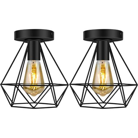 SABIR Lot de 2 Plafonnier Industrielle forme Cage Diamant 20cm, Lampe de Plafond Vintage E27 Lustre Luminaire en Métal Design Rétro pour Balcon Couloir Salle de Bain Entrée Cuisine, Noir - Noir (1/5)