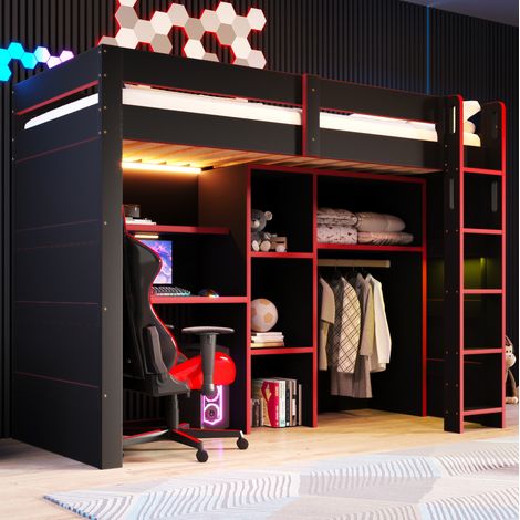Letto a soppalco per bambini 90x200 cm con scrivania, armadio aperto, vano contenitore e LED, struttura in MDF e compensato nero/rosso (1/5)