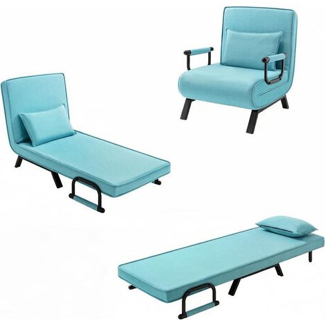 Sillón cama plegable azul con función de cama, sofá individual multifuncional de lino y metal (1/5)
