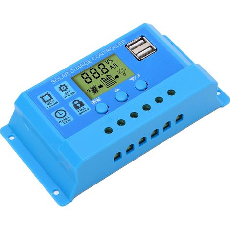 Contrôleur de charge solaire PWM avec écran LCD, paramètres réglables, 2 ports USB, bleu, 12 V/24 V (1/5)