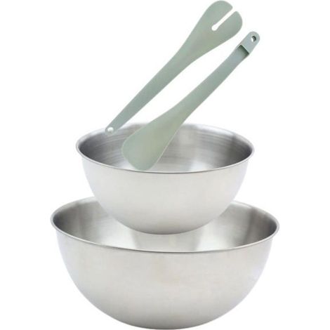 Set de 2 Saladiers en inox de 20,5 cm et 25 cm de diamètre et couverts à salade en plastique Fackelmann (1/5)