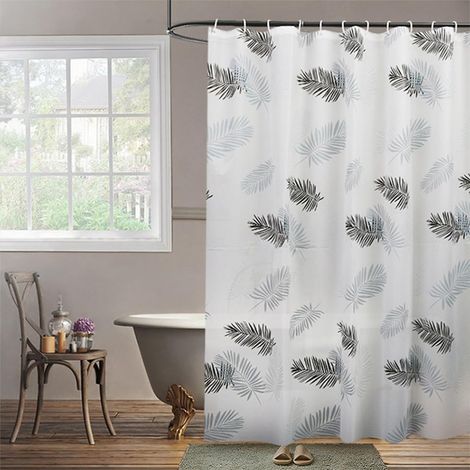 Weißer Duschvorhang 240 x 180 cm, halbtransparent, schwarze Blätter, waschbar und schimmelresistent