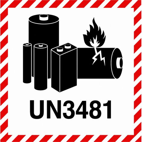 Etichetta in PE Marchio batterie al litio UN3481  mm 100x100 - Misura: 100mm x 100mm - Numero Pezzi: 10 pezzi