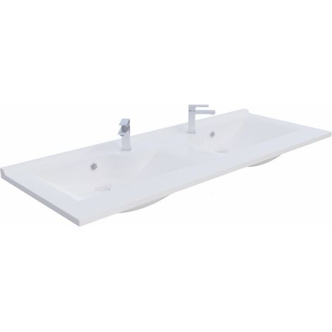 Plan double vasque rectangulaire 120 cm – Résine de synthèse blanche – Dosseret 1,5 cm pour éviter les infiltrations – Fabrication européenne – Creazur