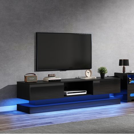 Mueble TV 160x35x40.5 cm negro en tablero de partículas con LED, 2 cajones y sistema antivuelco (1/5)