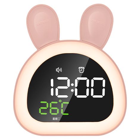 Réveil silencieux rose rechargeable à activation vocale, idéal pour les étudiants et les enfants, réveil lapin, horloge (1/5)