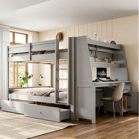 Lit superposé 140x200 cm lit adulte enfant avec bureau, rangements latéraux réversibles, 2 tiroirs, pour chambre, bois gris (1/5)