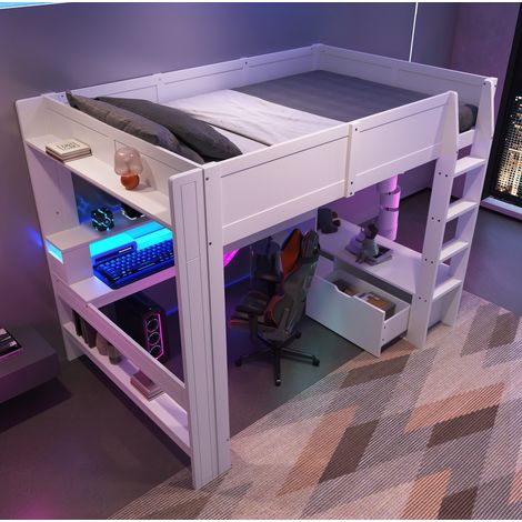 Cama alta moderna 140x200 cm de pino y MDF blanca, con escritorio, cajón, estantes e iluminación LED (1/5)