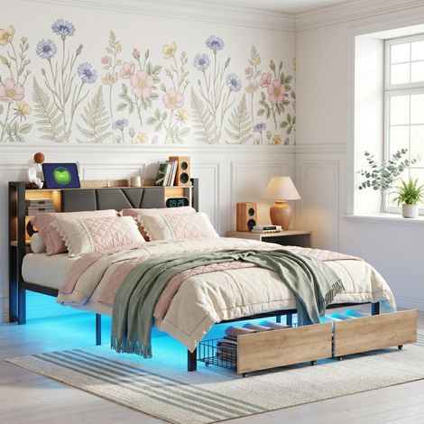 Lit avec tiroirs 140x190 cm, Lit adulte avec 2 Tiroirs - Tête de Lit avec LED et USB Intégrés - Sommier à Lattes, Design Moderne - Noir