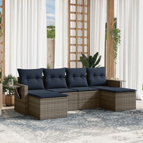 Ensemble canapé de jardin 6 pièces en résine tressée grise avec coussins bleu marine - PANGIVO (1/5)