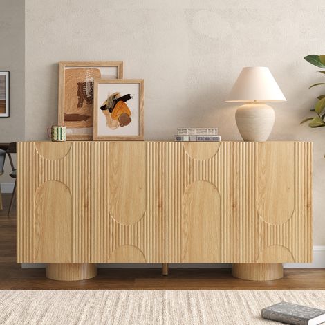 Buffet 160 cm 4 Portes, Meuble de rangement avec étagères réglables, Style Wabi-Sabi Minimaliste, Bois Naturel (1/5)