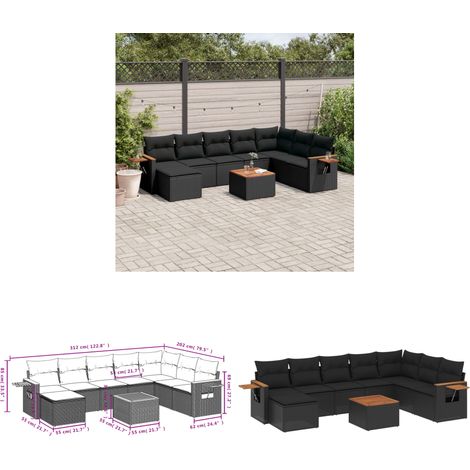 9-tlg. Garten-Sofagarnitur mit Kissen Schwarz Poly Rattan - Gartenmöbel Set - Esszimmergarnitur - Outdoor Möbel - Rattan Sofa - Lounge Garnitur - Home & Living (1/3)