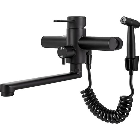 Rubinetto a parete con pistola a spruzzo, erogatore girevole a 360°, rubinetto da parete per cucina, colore nero, facile da montare (1/5)