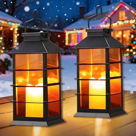 Set di 2 lanterne solari da giardino per esterni con luci LED lampeggianti a forma di candela, luci a sospensione impermeabili IP44, decorazione per terrazza e patio, per balcone. (1/5)