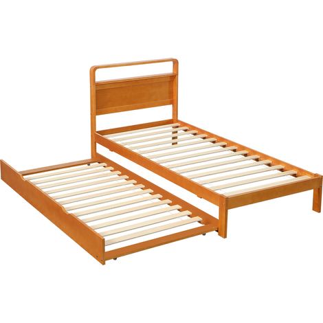 Cama de madera 90x200 cm con cama nido 90x190 cm, cabecero redondeado, natural, HOMVRA (1/5)