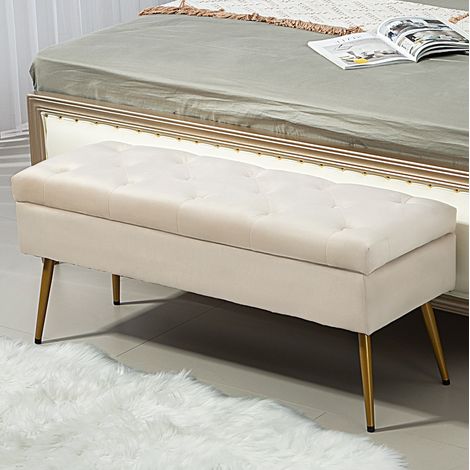 Banco de almacenaje acolchado con tapa, efecto terciopelo, 102 x 35 x 43 cm, beige OKMYHOME (1/5)
