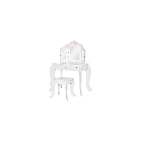 Coiffeuse enfant avec tabouret, table de maquillage avec triple miroir et tiroir, 63 x 40 x 85,5 cm, blanche