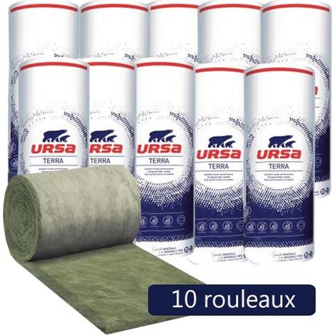 Ursa – 10 rouleaux laine de verre MNU 40 TERRA nu – Epaisseur 200mm – Longueur 4000mm – Largeur 1200mm – Valeur R 5 pour isolation combles perdus