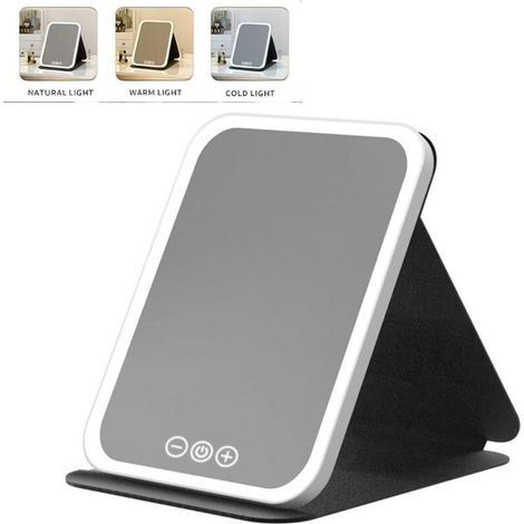 Miroir de maquillage LED avec lumière tricolore, rechargeable et portable, idéal pour les voyages, la salle de bain et le bureau. (1/5)