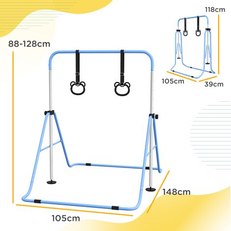 Barre de gymnastique réglable en hauteur pour enfants (avec 2 anneaux), structure en acier, 148 x 105 x 88-128 cm, bleue (1/5)