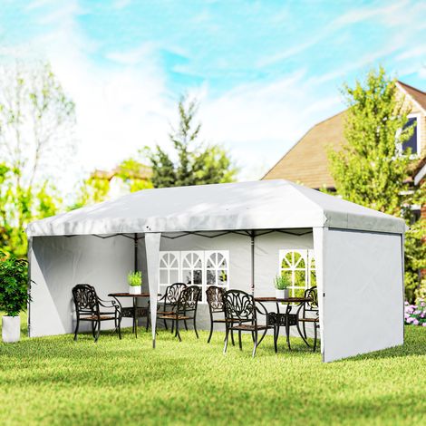 Tonnelle pliante 6 x 3 m avec 4 panneaux latéraux amovibles, pavillon de jardin avec 2 fenêtres et sac de transport, blanche (1/5)