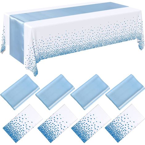 Nappe Jetable - 137 x 274 cm - Bandeau De Table Satiné - 30 x 275 cm - Blanc Et Bleu - Pour Mariage Fête Anniversaire Baby Shower Décoration Événement - Lot De 8 Pièces (1/4)