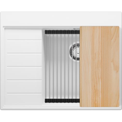 PRIMAGRAN Evier Cuisine en Granit 62x50cm, Lavabo 1 bac + Kit de Vidage + Accessoires, Évier à Encastrer au meuble 45cm - Sydney, Blanc (1/5)