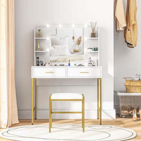 Dressing Table with Lighted Mirror, Cushioned Stool, Drawers, Shelves, LED Makeup Vanity Desk Set, Modern Dresser Vanity Table for Bedroom, White