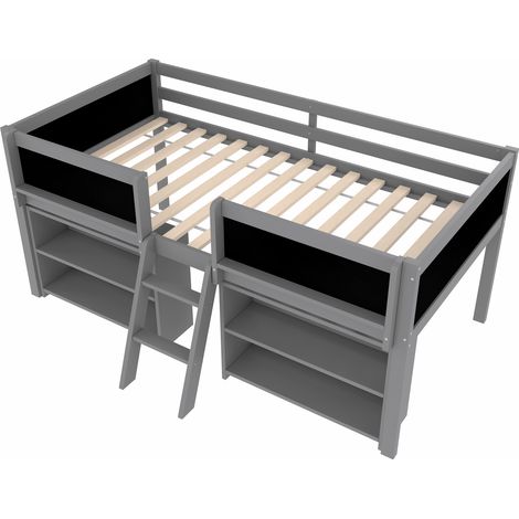 Lit mi-hauteur, 90200cm, plusieurs étagères de rangement, garde-corps, échelle, bois de pin, sans matelas, style minimaliste, gris (1/5)