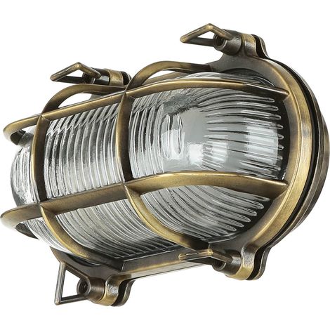 Messinglampe Maritim außen IP64 E27 B: 21 cm Riffelglas Wandlampe Außenleuchte