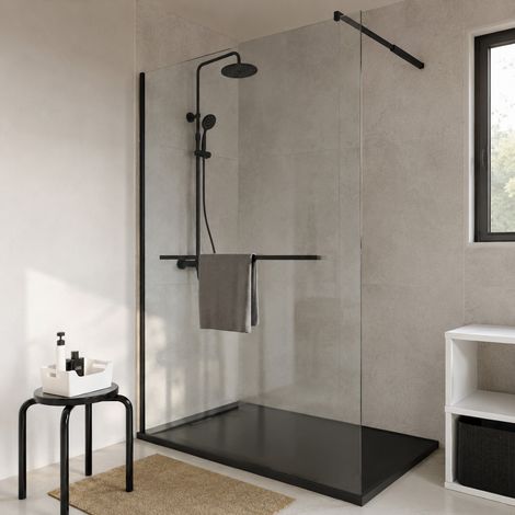 paroi de douche 120x200 cm avec porte-serviette laqué noir mat et verre trempé 6 mm - marie (1/5)