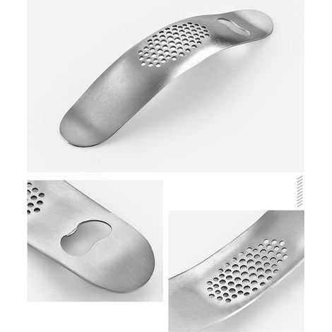 Gebogene manuelle Knoblauchpresse aus Edelstahl, bootsförmiger Knoblauchschneider, Flaschenöffner und 2-in-1-Knoblauchschneider. (1/5)