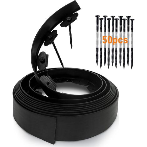 10 m lange, flexible Rasenkante mit 50 Befestigungspfählen, 5 cm hoch, aus Kunststoff, ideal zum Einfassen von Blumenbeeten, Gartenwegen und Bäumen, schwarz – 10 cm x 10 m (1/5)
