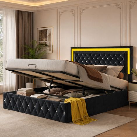 Lit coffre 160x200 cm avec sommier,Lit double avec LED ,Lit adulte hydraulique ,lit 2 personnes,Velours gris (1/5)