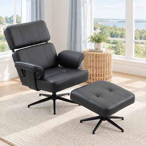 Sillón relax con reposapiés, polipiel negra y reposacabezas ajustable (1/5)