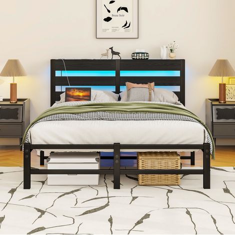 Cama 120x200 cm negra de metal y madera con LED RGB, puertos USB y almacenaje (1/5)