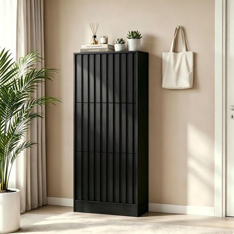 UEV Armoire à Chaussures avec 3 Abattants, Meuble à Chaussures Inclinable, Étagère Réglables et Amovibles, Motif en Ligne, pour Entrée, Couloir, Salon, 60 x 24 x 122 cm, Noir