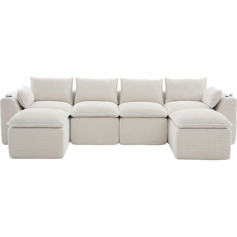 CHICFURN Sofá modular 4 plazas 322x161x75 cm pana beige con 2 pufs (1/5)