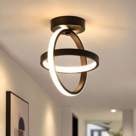 Plafonnier LED 3 couleurs design géométrique anneau noir fer épais et abat-jour PVC diamètre 21 cm pour couloir entrée (1/4)