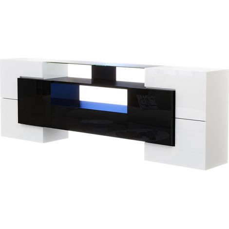 Mueble TV blanco y negro brillo 200 cm con LED, 6 puertas, 2 cajones y cristal HOMVRA (1/5)