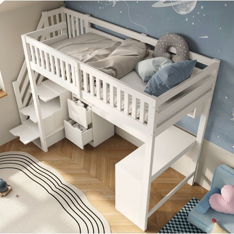 Letto a soppalco per bambini 90 x 200 cm bianco con scala contenitore e scrivania angolare MODENUIT (1/5)