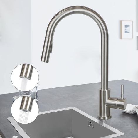 ZMH Robinet de cuisine Robinet de cuisine extractible - Robinet d'évier avec douchette Mélangeur évier 360° rotatif Robinet en acier inoxydable avec 2 types de jets Robinet de cuisine - Nickel brossé (1/5)