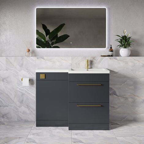 Napoli 390 Gloss Grey 1100mm 2 Drawer Vanity Unit Toilet Suite with Square Right Hand Lucia Basin - 1100mm - Brushed Brass 320mm HandleWithout Kingston Toilet Pan