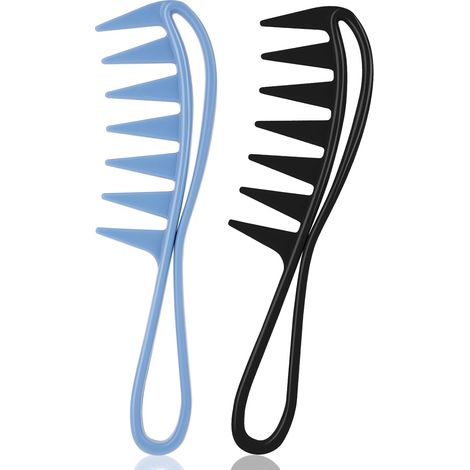 Lot de 2 peignes à dents larges en forme de requin - Accessoires de coiffure professionnels - Pour salon afro - Antistatique - Durable - Outil de coiffure pour homme et femme - Noir et bleu (1/5)