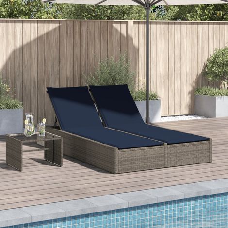Doppelte Sonnenliege mit Kissen Grau Poly Rattan